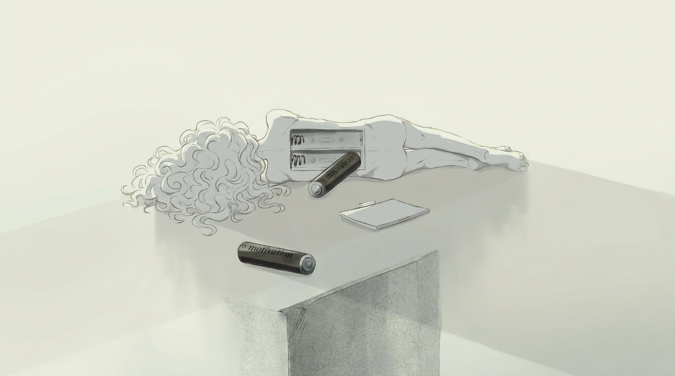 Illustration : silhouette allongée, recharge de « motivation », noir et blanc