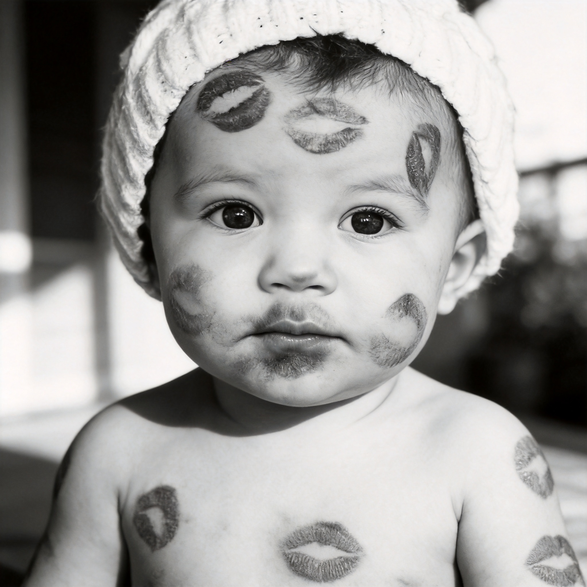 Bébé couvert de traces de baisers, noir et blanc